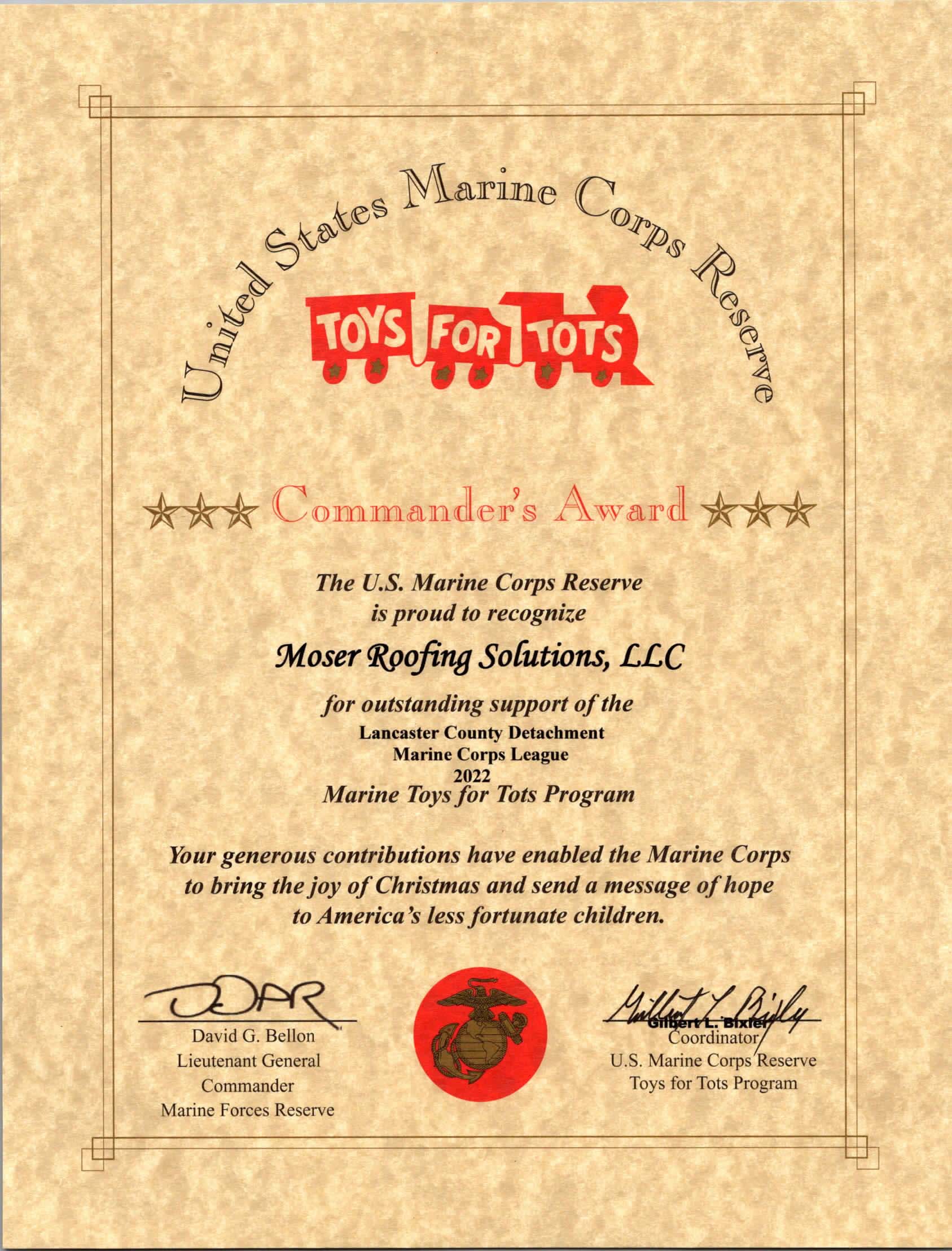 moser toys for tots certificate
