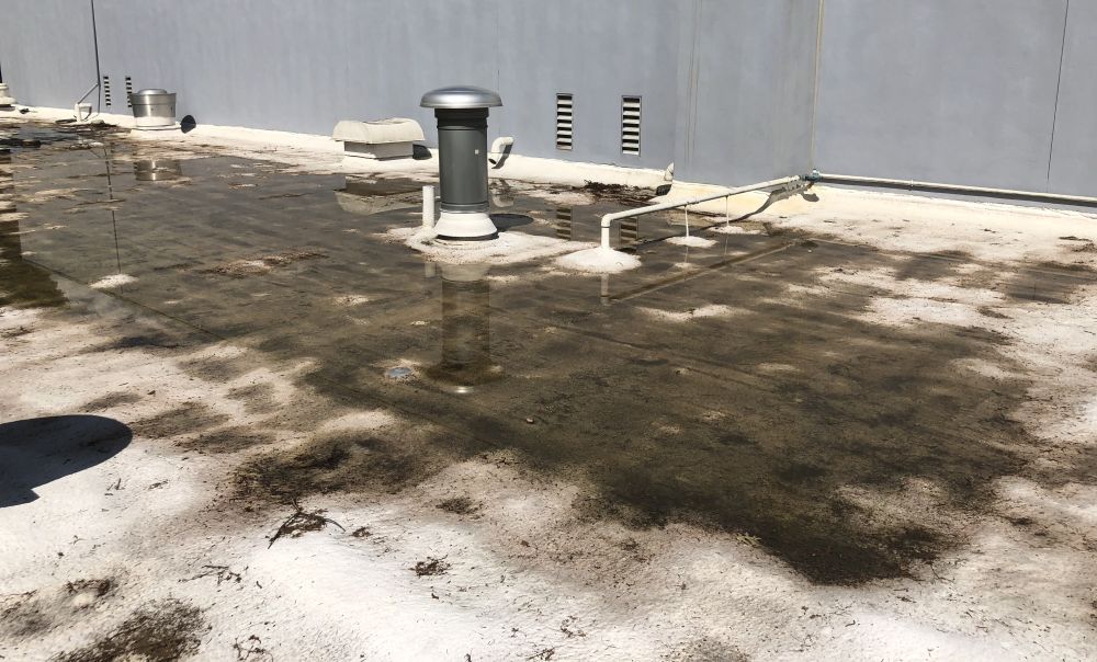 water ponding on a commercial roof, a problem that cannot be fixed with a coating alone