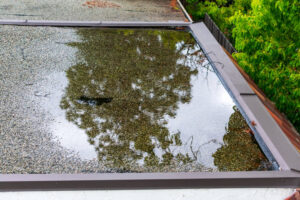 Pooling water on a flat roof after heavy rainfall.