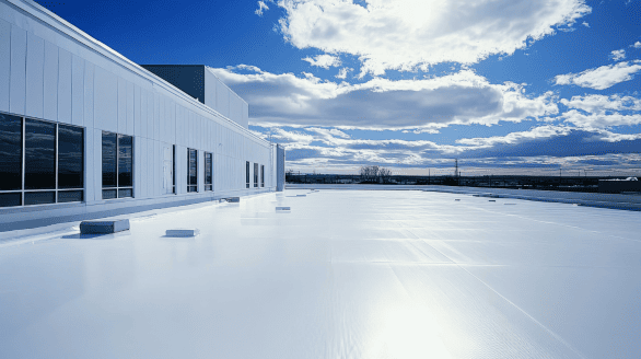 a white building with a blue sky and clouds