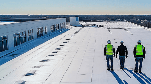a group of men walking on a roof