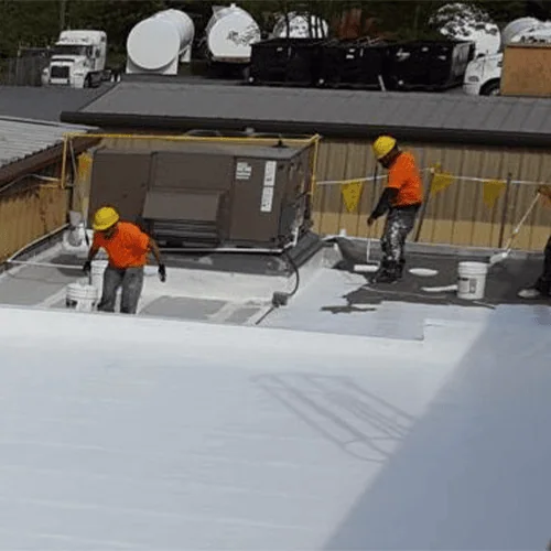 a group of men painting a roof