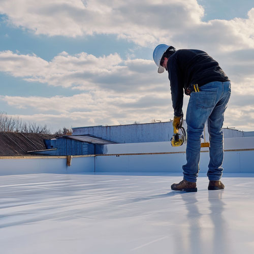 a man wearing a hard hat and gloves holding a saw