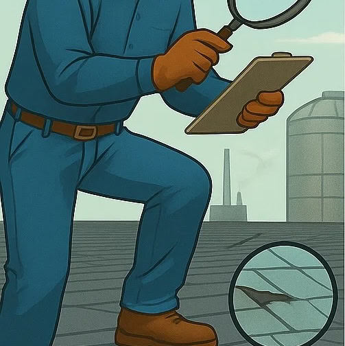 a man holding a magnifying glass and a clipboard on a roof
